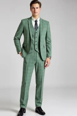 Cinzento Verde Xadrez 3 Peças Notched Lapela Fato Homem