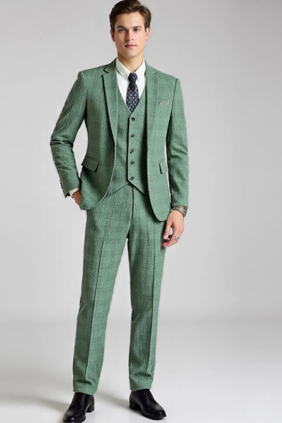 Cinzento Verde Xadrez 3 Peças Notched Lapela Fato Homem