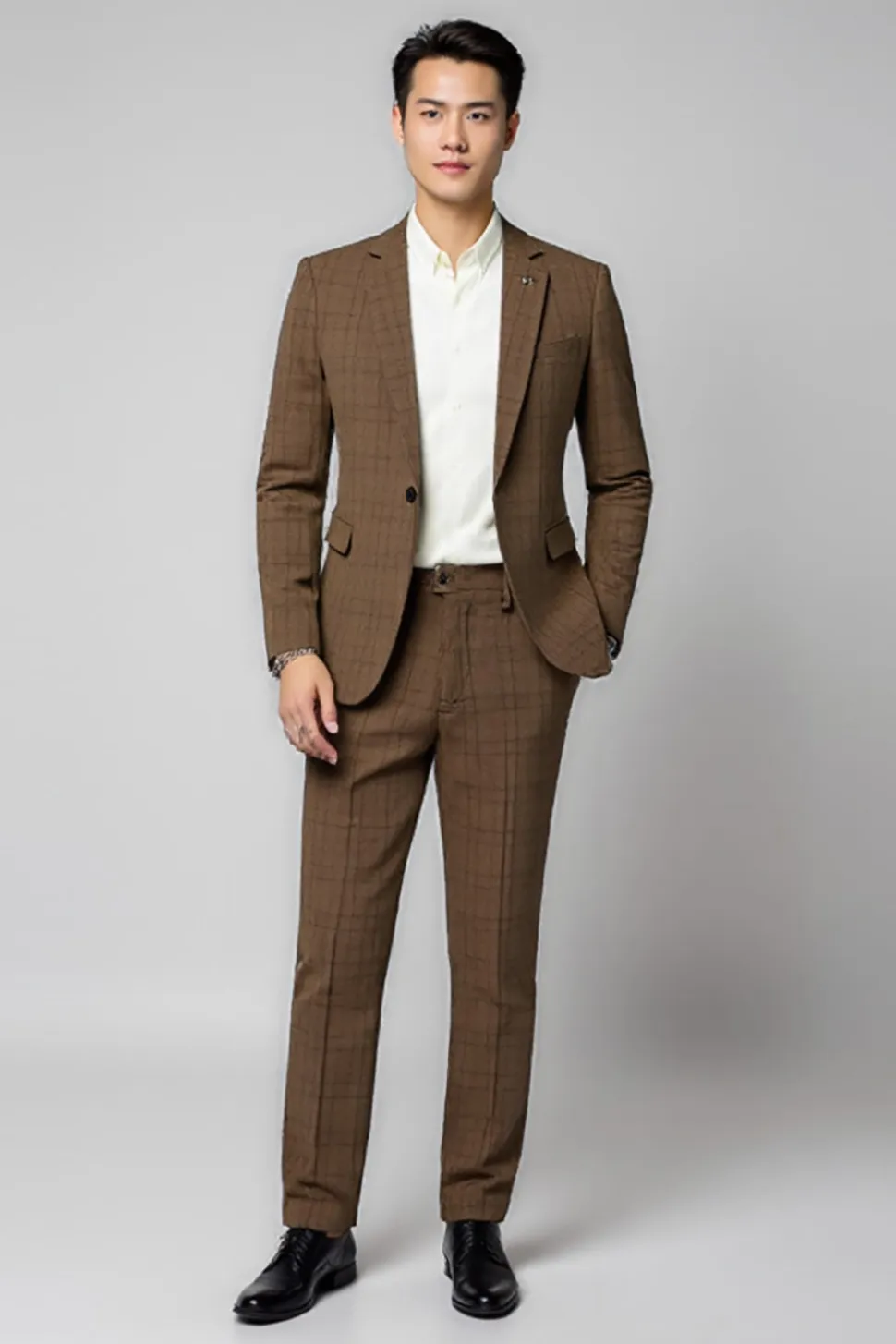 Classic Plaid 2 Peças Brown Fato Homem