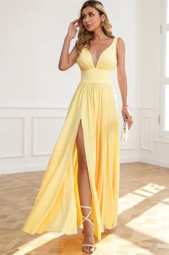 Clássico A Line V Pescoço Amarelo Longo Vestido de baile com frente dividida