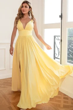 Clássico A Line V Pescoço Amarelo Longo Vestido de baile com frente dividida