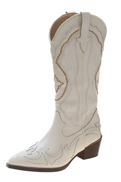 Clássico branco bordado joelho alto largo bezerro cowgirl botas