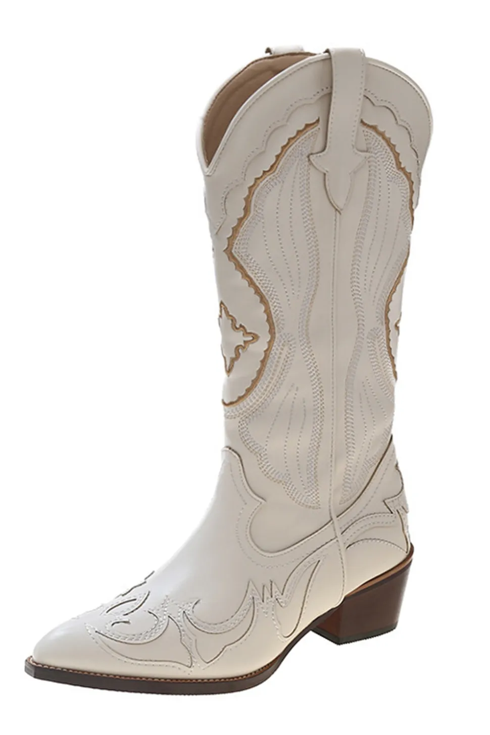 Clássico branco bordado joelho alto largo bezerro cowgirl botas