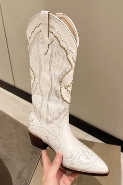 Clássico branco bordado joelho alto largo bezerro cowgirl botas