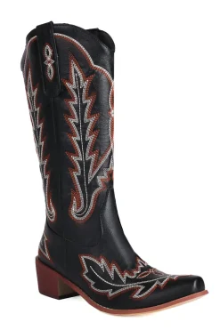 Clássico Preto Bordado Dedo Pontiagudo Joelho Alto Calf Wide Cowgirl Botas