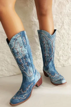 Clássico Preto Bordado Dedo Pontiagudo Joelho Alto Calf Wide Cowgirl Botas