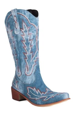 Clássico Preto Bordado Dedo Pontiagudo Joelho Alto Calf Wide Cowgirl Botas
