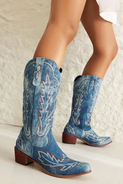 Clássico Preto Bordado Dedo Pontiagudo Joelho Alto Calf Wide Cowgirl Botas
