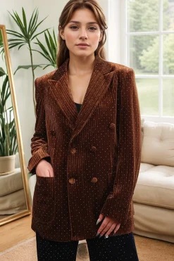 Coffee Dots Velvet Peak Lapela Blazer de peito duplo