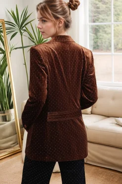 Coffee Dots Velvet Peak Lapela Blazer de peito duplo