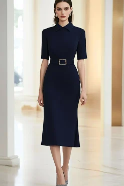 Colar Polo Marinho Mangas Médias Midi Vestido Formal