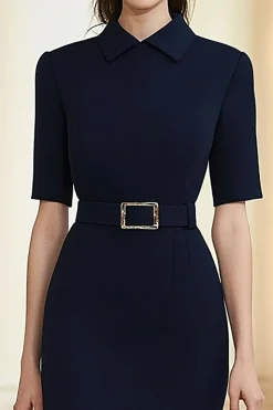 Colar Polo Marinho Mangas Médias Midi Vestido Formal