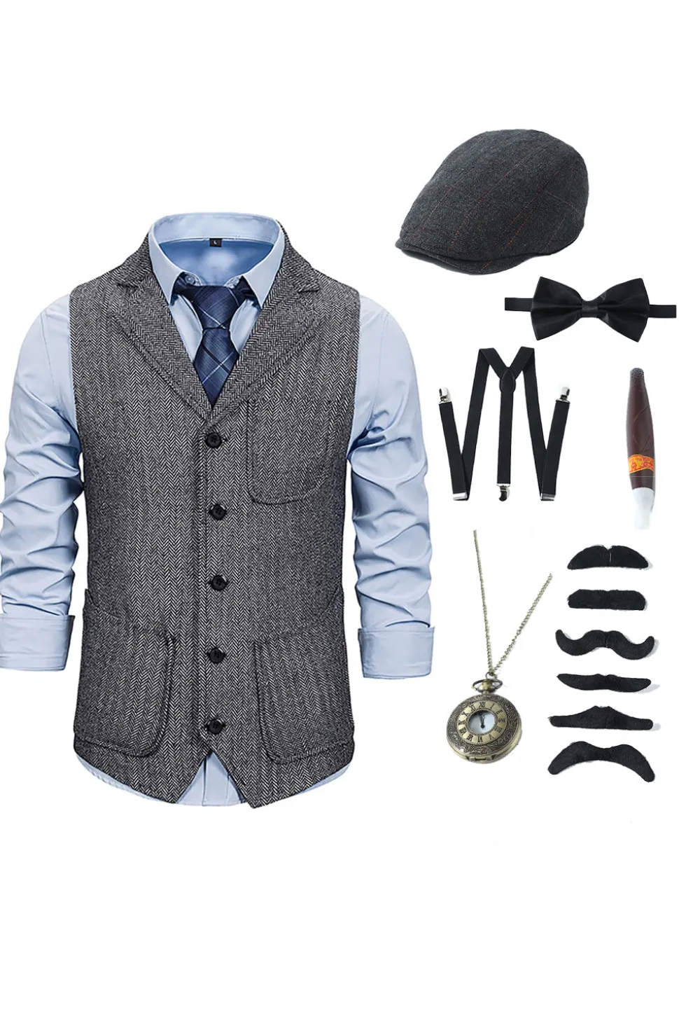 Colete Masculino de Lapela Cinzento com Conjunto de Acessórios