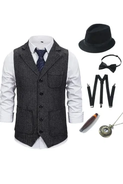Colete Masculino de Lapela Cinza Escuro com 5 Peças Conjunto de Acessórios