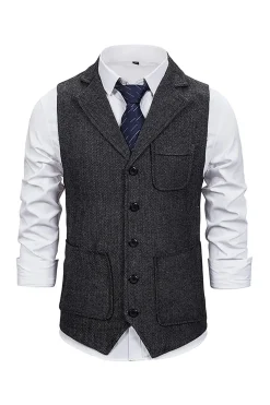Colete Masculino de Lapela Cinza Escuro com 5 Peças Conjunto de Acessórios
