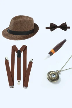 Colete Masculino de Lapela Entalado Castanho com Conjunto de Acessórios de 5 Peças