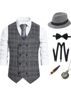Colete Masculino Duplo Xadrez Cinzento com Conjunto de Acessórios