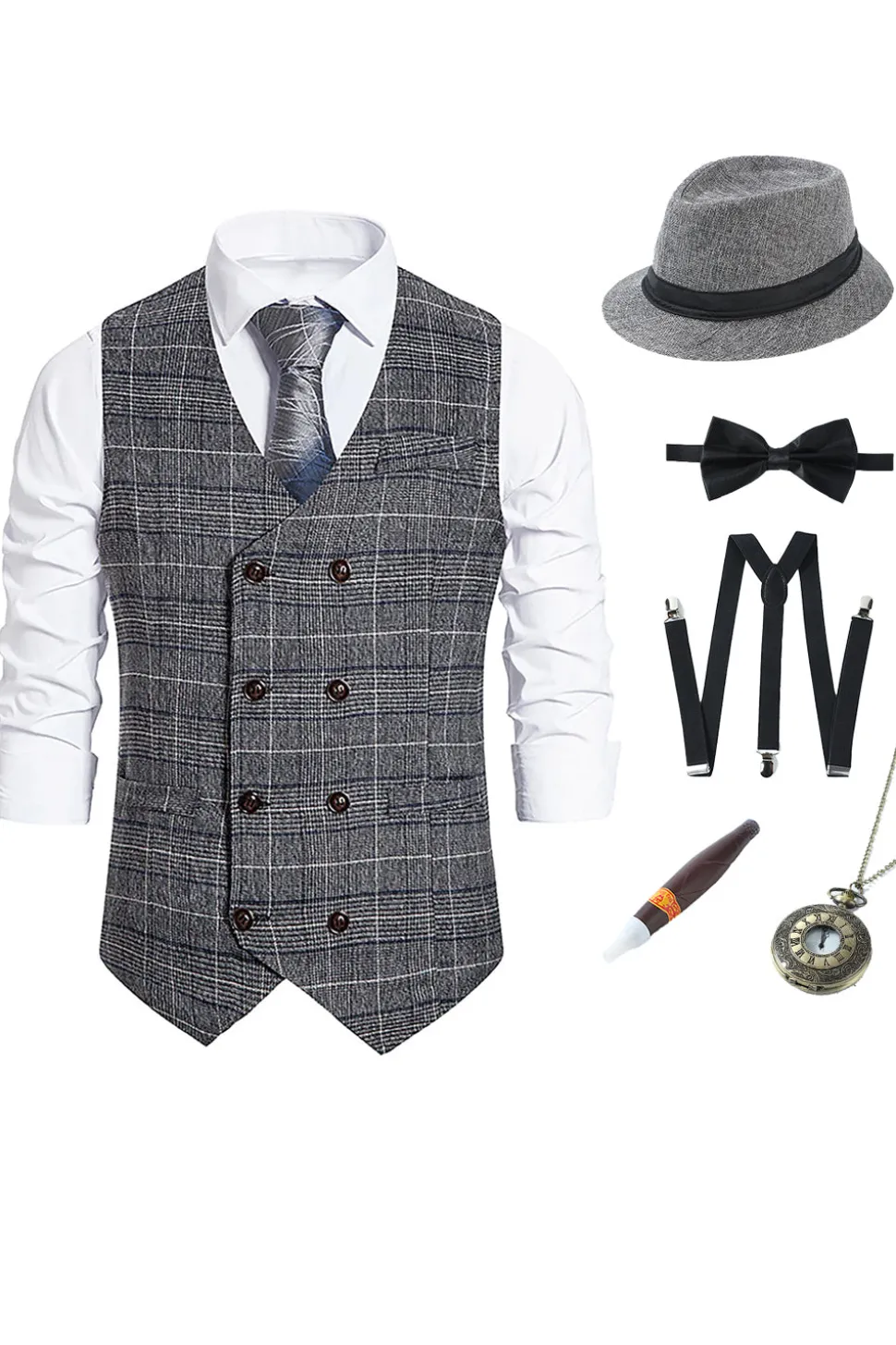 Colete Masculino Duplo Xadrez Cinzento com Conjunto de Acessórios