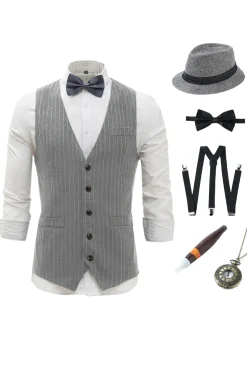 Colete Masculino Pinstriped Cinzento Claro com Conjunto de Acessórios de 5 Peças