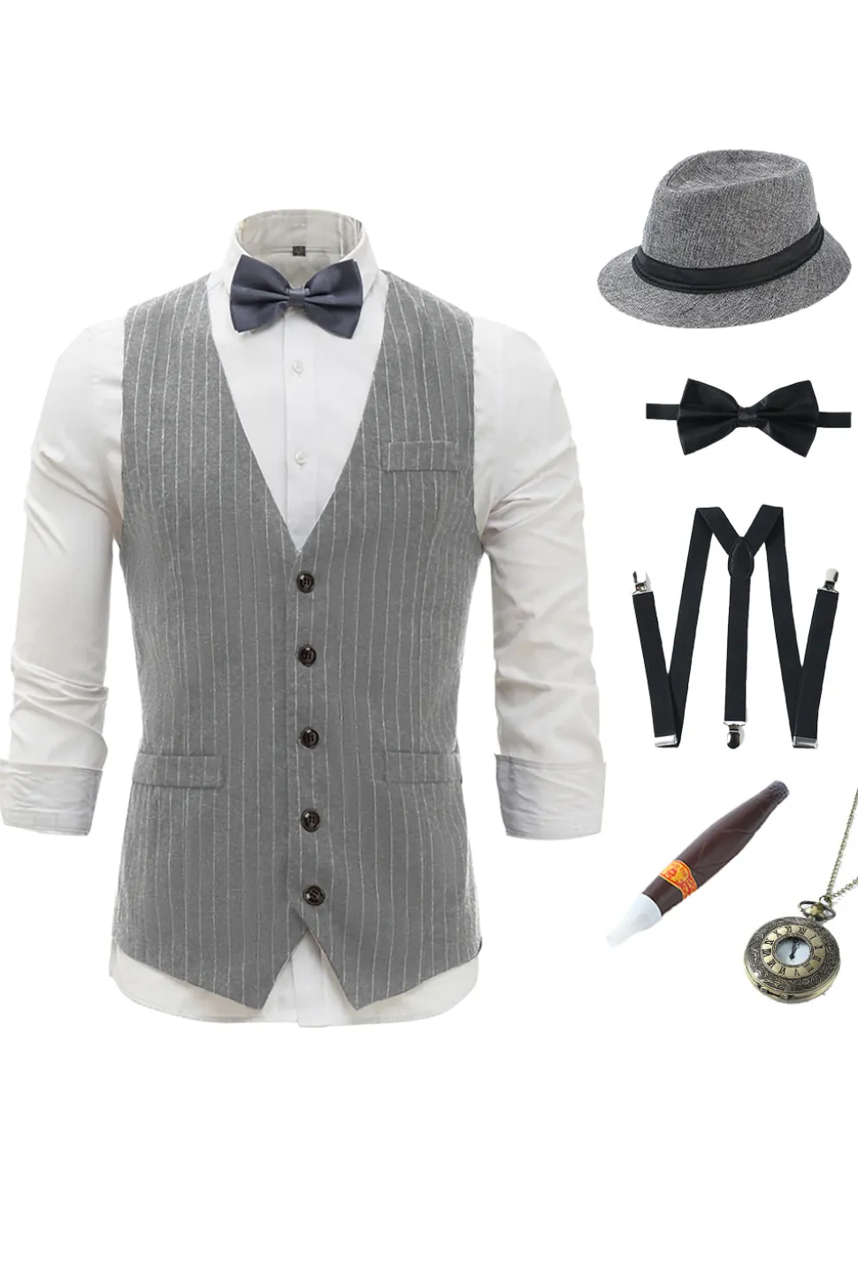 Colete Masculino Pinstriped Cinzento Claro com Conjunto de Acessórios de 5 Peças