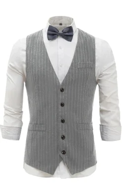 Colete Masculino Pinstriped Cinzento Claro com Conjunto de Acessórios de 5 Peças