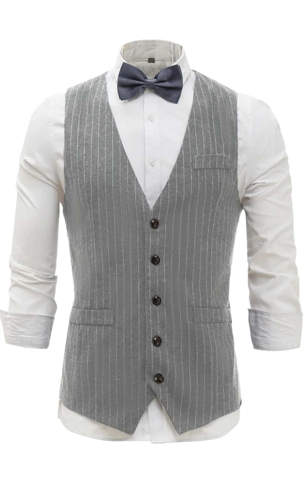 Colete Masculino Pinstriped Cinzento Claro com Conjunto de Acessórios de 5 Peças