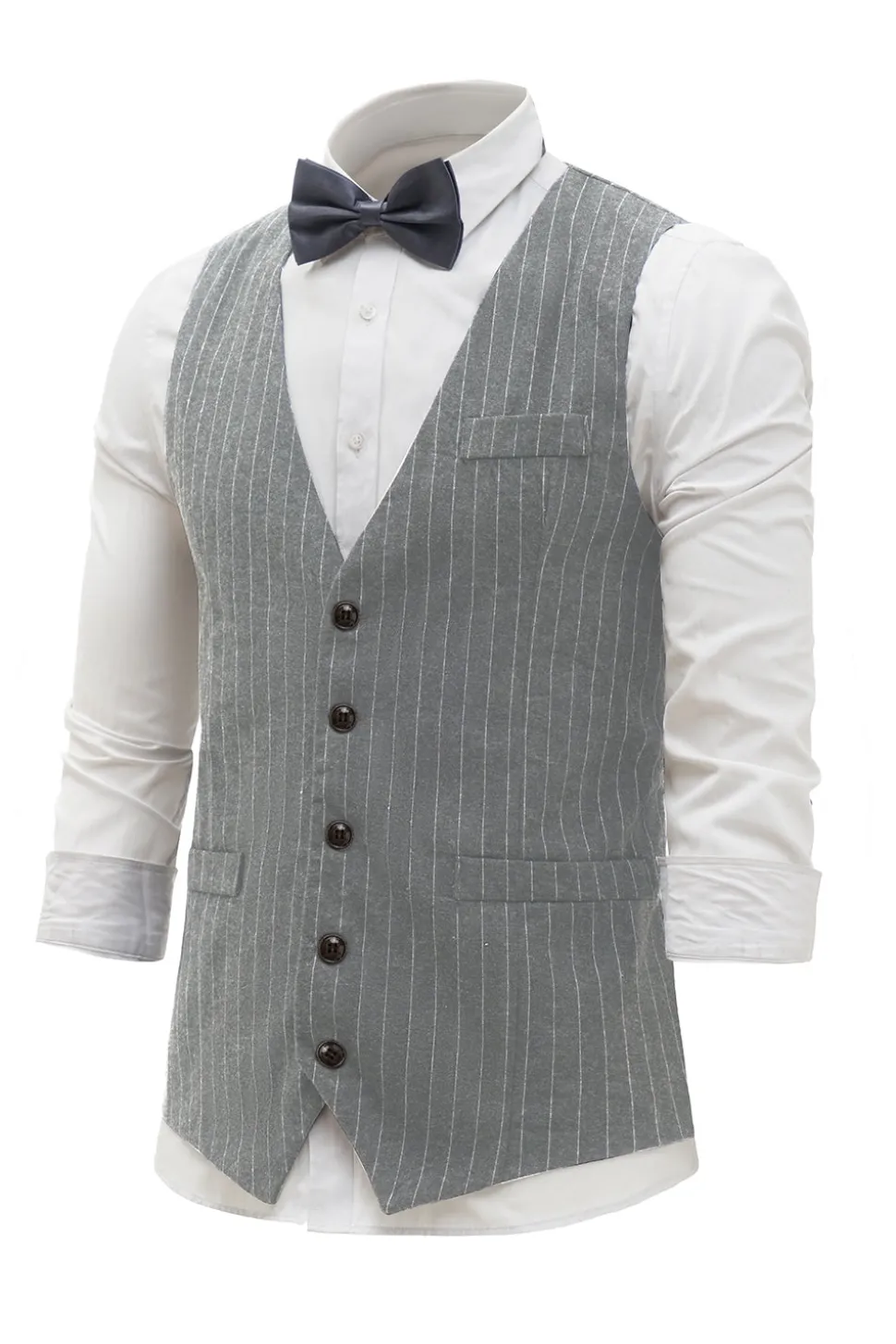 Colete Masculino Pinstriped Cinzento Claro com Conjunto de Acessórios de 5 Peças