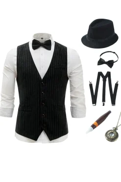 Colete Masculino Pinstriped Preto com Conjunto de Acessórios de 5 Peças