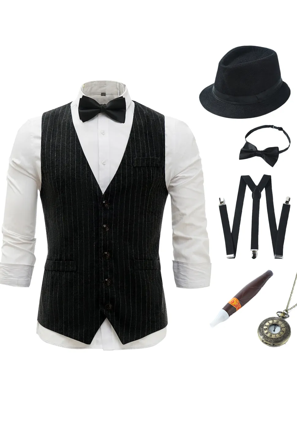 Colete Masculino Pinstriped Preto com Conjunto de Acessórios de 5 Peças
