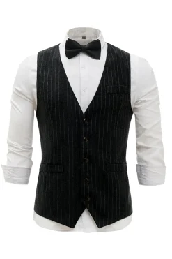 Colete Masculino Pinstriped Preto com Conjunto de Acessórios de 5 Peças