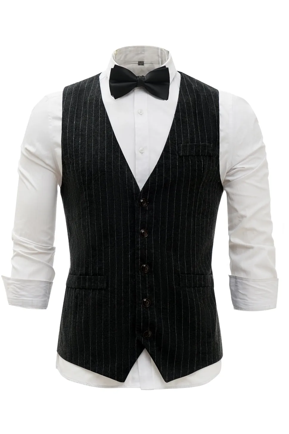 Colete Masculino Pinstriped Preto com Conjunto de Acessórios de 5 Peças