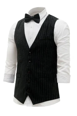 Colete Masculino Pinstriped Preto com Conjunto de Acessórios de 5 Peças
