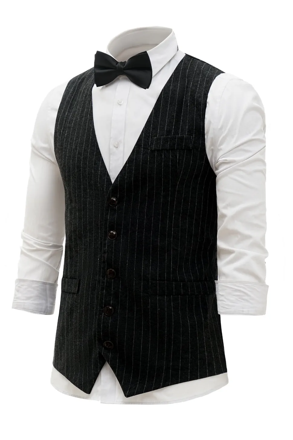 Colete Masculino Pinstriped Preto com Conjunto de Acessórios de 5 Peças
