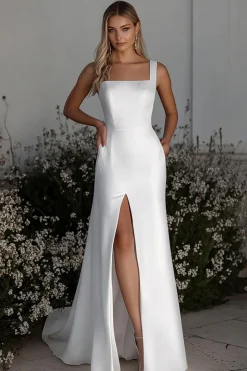 Coluna de Marfim simples cetim quadrado pescoço vestido de noiva