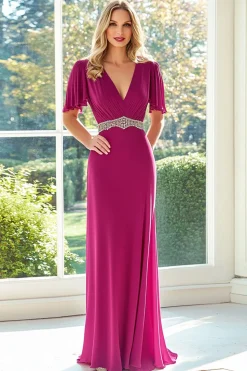 Coluna V Pescoço Mangas Curtas Fuchsia Longa Mãe Do Vestido Da Noiva