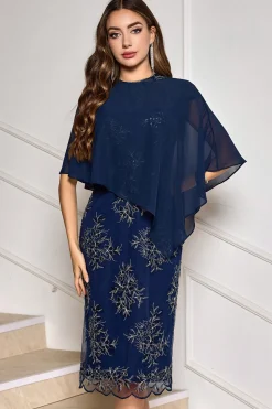 Comprimento do chá da bainha da marinha Appliqued Mother of the Bride Dress with Wrap