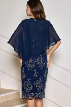 Comprimento do chá da bainha da marinha Appliqued Mother of the Bride Dress with Wrap