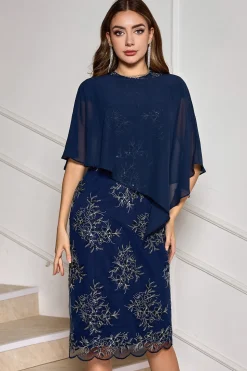 Comprimento do chá da bainha da marinha Appliqued Mother of the Bride Dress with Wrap