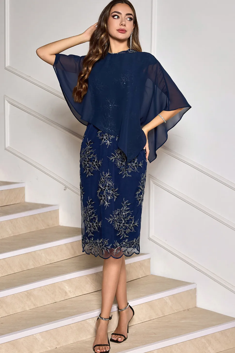 Comprimento do chá da bainha da marinha Appliqued Mother of the Bride Dress with Wrap