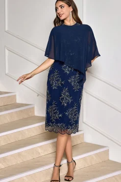 Comprimento do chá da bainha da marinha Appliqued Mother of the Bride Dress with Wrap