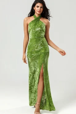 Confiantemente Carismática Sereia Halter Neck Olive Velvet Long Bridesmaid Dress