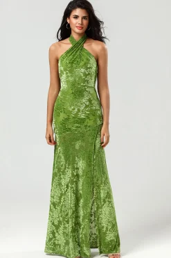 Confiantemente Carismática Sereia Halter Neck Olive Velvet Long Bridesmaid Dress