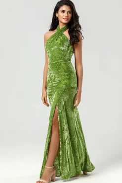 Confiantemente Carismática Sereia Halter Neck Olive Velvet Long Bridesmaid Dress