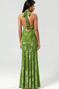 Confiantemente Carismática Sereia Halter Neck Olive Velvet Long Bridesmaid Dress