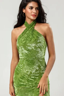 Confiantemente Carismática Sereia Halter Neck Olive Velvet Long Bridesmaid Dress