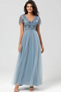 Confiantemente Carismático Uma Linha V Pescoço Dusty Blue Long Vestido de Dama de Honra com Missangas