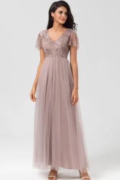 Confiantemente Carismático Uma Linha V Pescoço Dusty Blue Long Vestido de Dama de Honra com Missangas