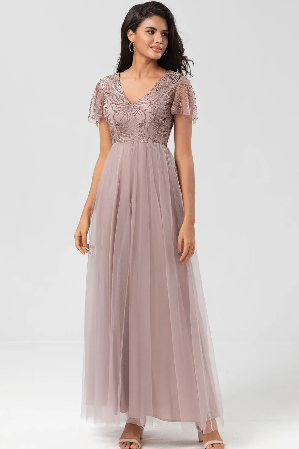 Confiantemente Carismático Uma Linha V Pescoço Dusty Blue Long Vestido de Dama de Honra com Missangas