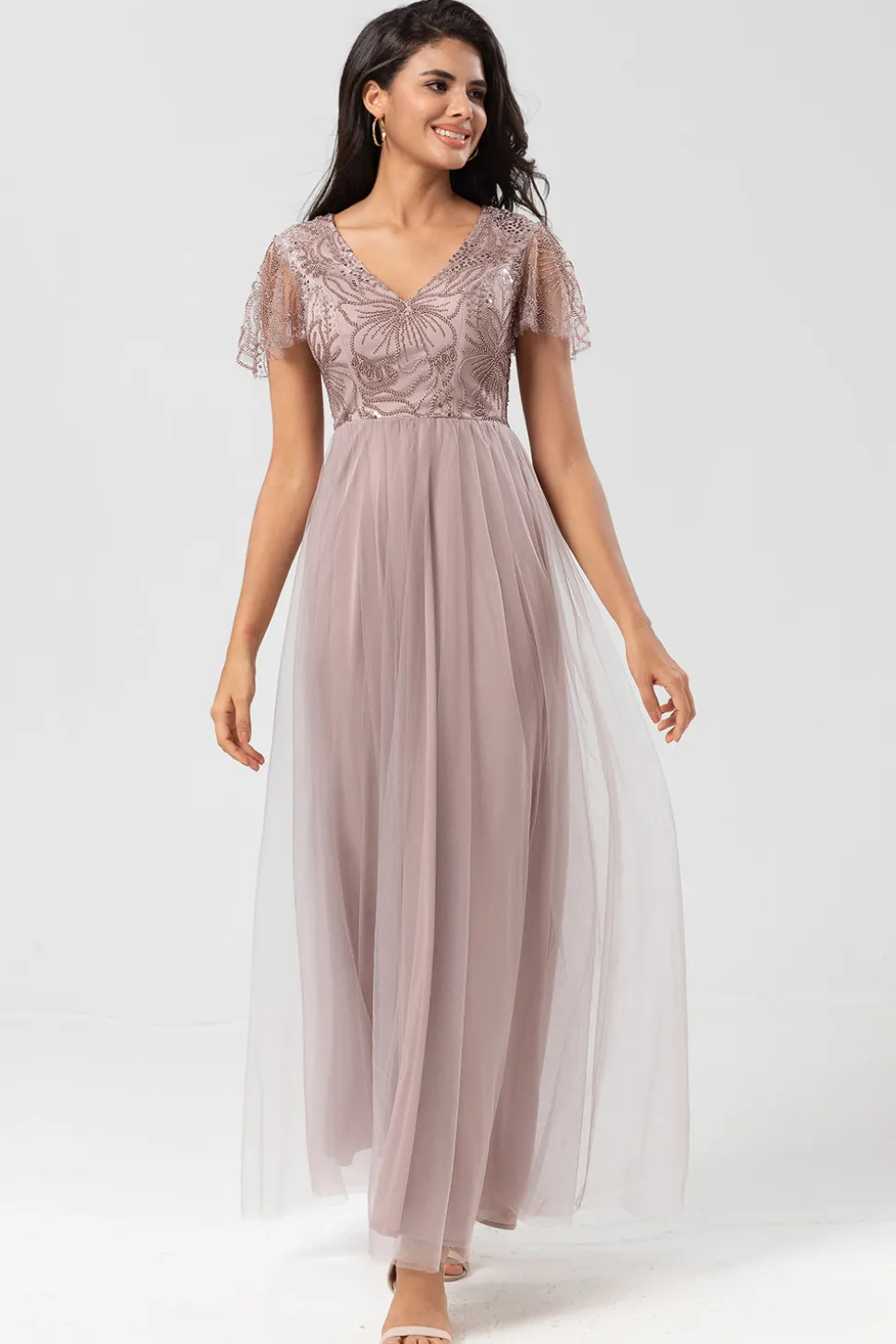 Confiantemente Carismático Uma Linha V Pescoço Dusty Blue Long Vestido de Dama de Honra com Missangas