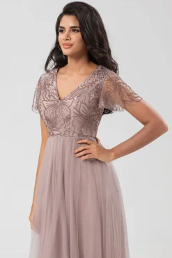 Confiantemente Carismático Uma Linha V Pescoço Dusty Blue Long Vestido de Dama de Honra com Missangas